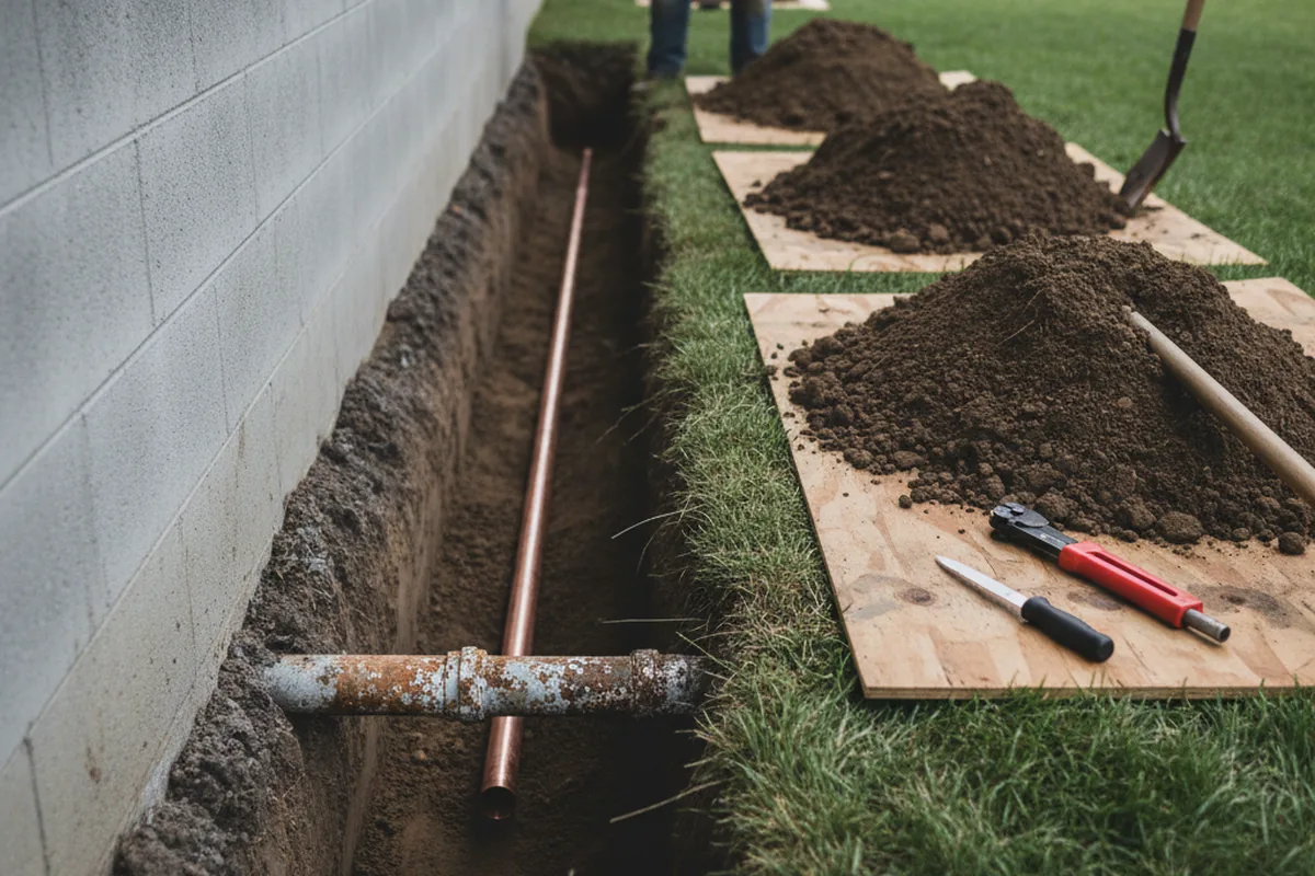 Excavated water line trench during Water Softener Installation in Logan